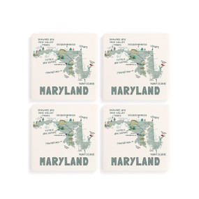 A set of four white square coasters with a map illustration of Maryland with famous landmarks and cities.