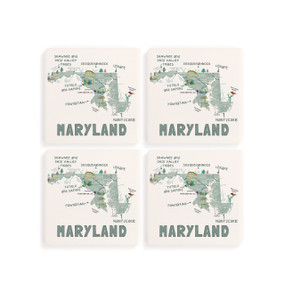 A set of four white square coasters with a map illustration of Maryland with famous landmarks and cities.