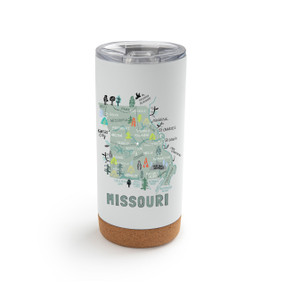 A white cork bottom tumbler with a graphic map image of Missouri and illustrations of famous locations and cities.
