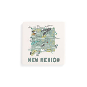 A set of four white square coasters with a map illustration of New Mexico with famous landmarks and cities.