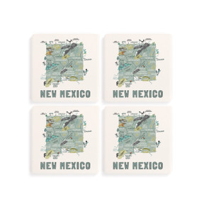 A set of four white square coasters with a map illustration of New Mexico with famous landmarks and cities.