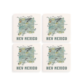 A set of four white square coasters with a map illustration of New Mexico with famous landmarks and cities.