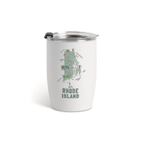A white tumbler with a clear plastic lid and a map illustration of Rhode Island with landmarks and cities.