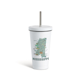 A white tumbler with a white lid and metal straw with a map illustration of Mississippi with landmarks and cities.