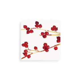 A set of four square white coasters with an illustration of cranberries on branches.