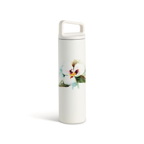 A white water bottle with a screw top handled lid. The front has a watercolor image of a white Sego Lily flower.