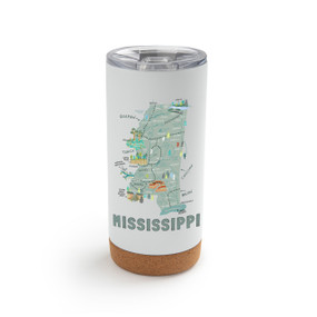 A white cork bottom tumbler with a graphic map image of Mississippi and illustrations of famous locations and cities.
