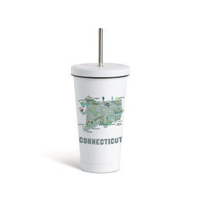 A white tumbler with a white lid and metal straw with a map illustration of Connecticut with landmarks and cities.