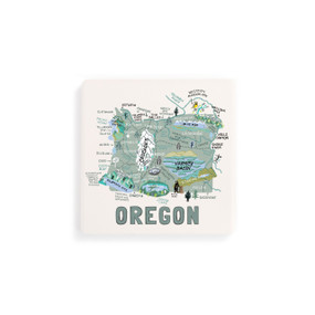 A set of four white square coasters with a map illustration of Oregon with famous landmarks and cities.