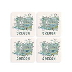 A set of four white square coasters with a map illustration of Oregon with famous landmarks and cities.