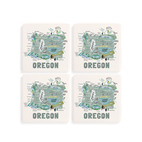 A set of four white square coasters with a map illustration of Oregon with famous landmarks and cities.