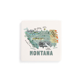 A set of four white square coasters with a map illustration of Montana with famous landmarks and cities.