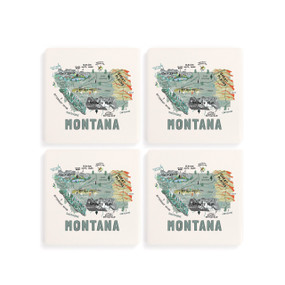 A set of four white square coasters with a map illustration of Montana with famous landmarks and cities.
