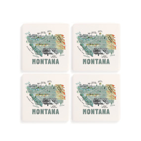 A set of four white square coasters with a map illustration of Montana with famous landmarks and cities.