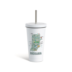 A white tumbler with a white lid and metal straw with a map illustration of Indiana with landmarks and cities.