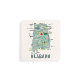A set of four white square coasters with a map illustration of Alabama with famous landmarks and cities.