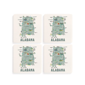A set of four white square coasters with a map illustration of Alabama with famous landmarks and cities.