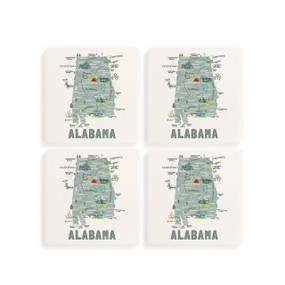 A set of four white square coasters with a map illustration of Alabama with famous landmarks and cities.