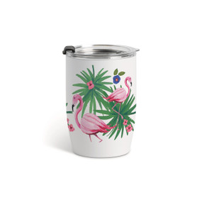 A white tumbler with a clear plastic lid with pink flamingos and tropical flowers around the glass.