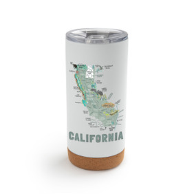 A white cork bottom tumbler with a graphic map image of California and illustrations of famous locations and cities.