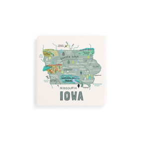 A set of four white square coasters with a map illustration of Iowa with famous landmarks and cities.
