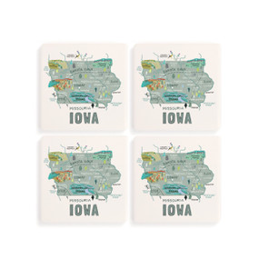 A set of four white square coasters with a map illustration of Iowa with famous landmarks and cities.