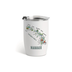 A white tumbler with a clear plastic lid and a map illustration of Hawaii with landmarks and cities.