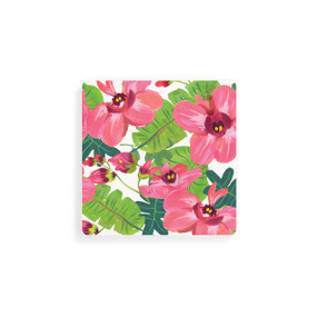 A set of four square coasters with pink tropical flowers on them.