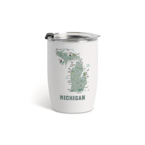 A white tumbler with a clear plastic lid and a map illustration of Michigan with landmarks and cities.