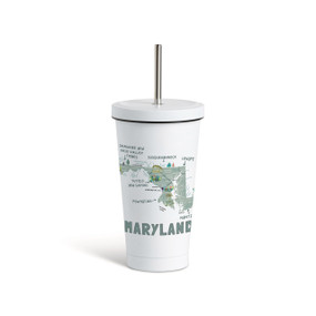 A white tumbler with a white lid and metal straw with a map illustration of Maryland with landmarks and cities.