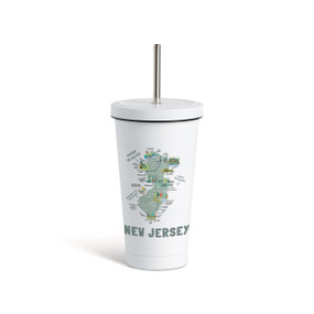 A white tumbler with a white lid and metal straw with a map illustration of New Jersey with landmarks and cities.
