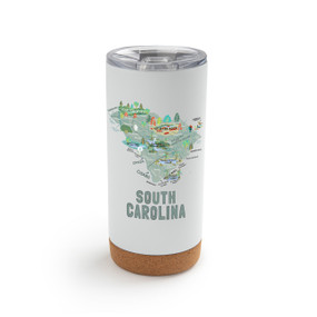 A white cork bottom tumbler with a graphic map image of South Carolina and illustrations of famous locations and cities.