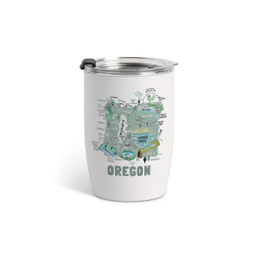 A white tumbler with a clear plastic lid and a map illustration of Oregon with landmarks and cities.