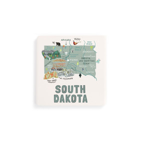 A set of four white square coasters with a map illustration of South Dakota with famous landmarks and cities.