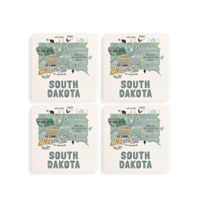 A set of four white square coasters with a map illustration of South Dakota with famous landmarks and cities.