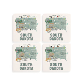 A set of four white square coasters with a map illustration of South Dakota with famous landmarks and cities.