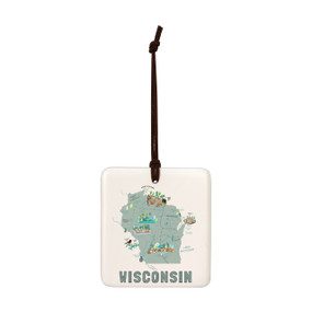 A square cream hanging tile magnet ornament with a map illustration of Wisconsin with landmarks and cities.