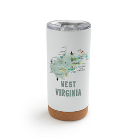 A white cork bottom tumbler with a graphic map image of West Virginia and illustrations of famous locations and cities.