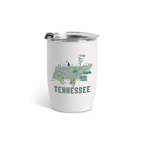 A white tumbler with a clear plastic lid and a map illustration of Tennessee with landmarks and cities.