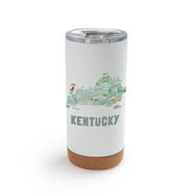 A white cork bottom tumbler with a graphic map image of Kentucky and illustrations of famous locations and cities.