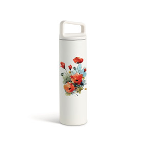 A white water bottle with a screw top handled lid. The front has a watercolor image of red poppy flowers.