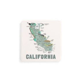 A set of four white square coasters with a map illustration of California with famous landmarks and cities.