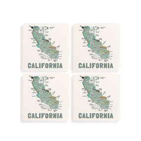 A set of four white square coasters with a map illustration of California with famous landmarks and cities.