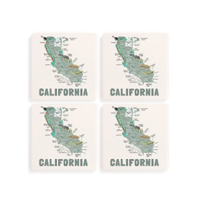 A set of four white square coasters with a map illustration of California with famous landmarks and cities.