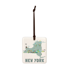 A square cream hanging tile magnet ornament with a map illustration of New York with landmarks and cities.