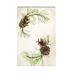An illustrated wall art of pine branches and pinecones on a cream background.