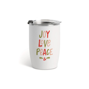 A white tumbler with a clear plastic lid and the words "Joy Love Peace" in red and green.