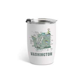 A white tumbler with a clear plastic lid and a map illustration of Washington with landmarks and cities.