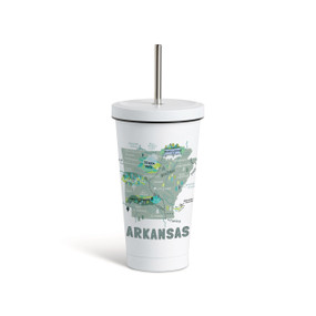 A white tumbler with a white lid and metal straw with a map illustration of Arkansas with landmarks and cities.