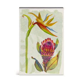 A wall art of tropical flowers on a light green background.